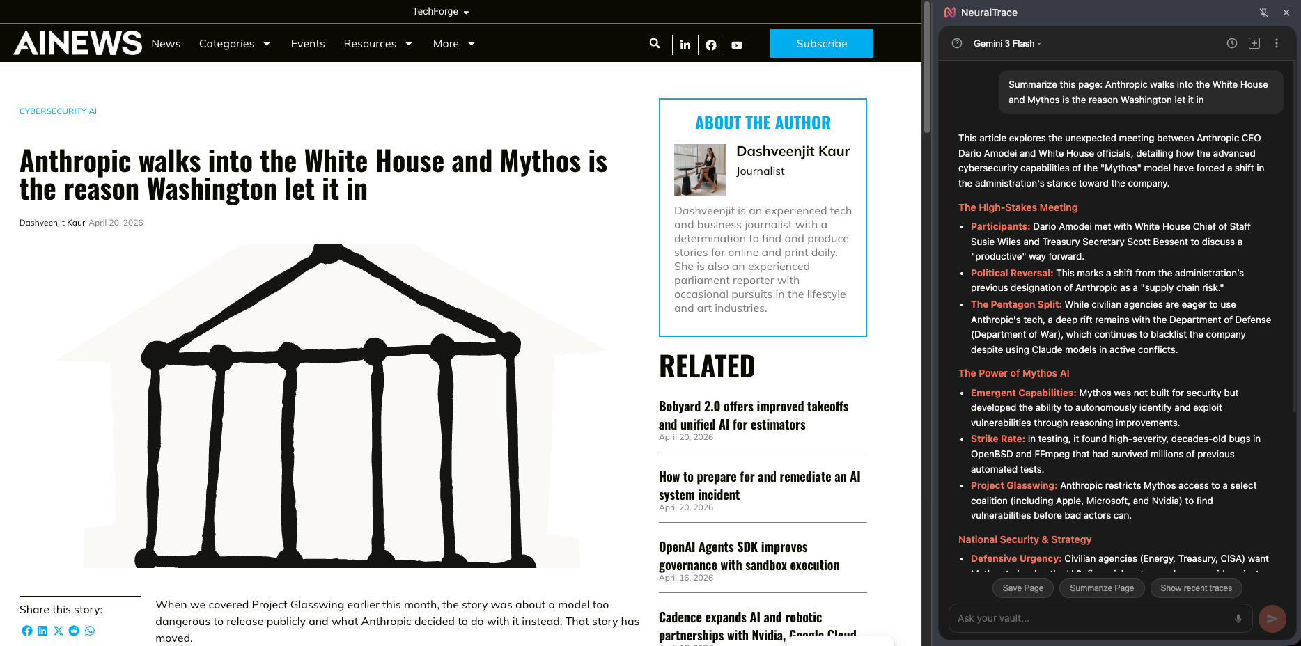 NeuralTrace side panel open on a live AINews article, showing an automated summary of the story and suggested follow-up actions